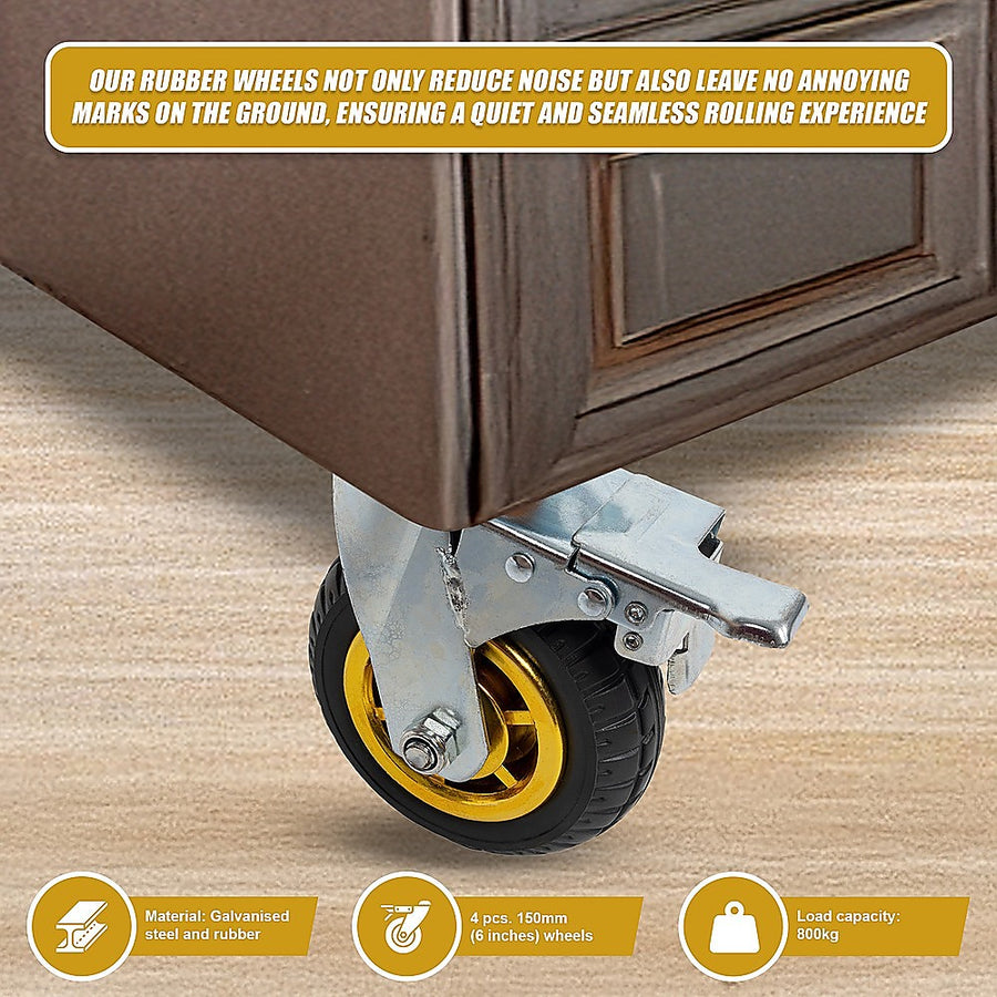 Castor Wheels 4 x 6" 150mm Swivel Silent Caster 2 Brakes 800KG