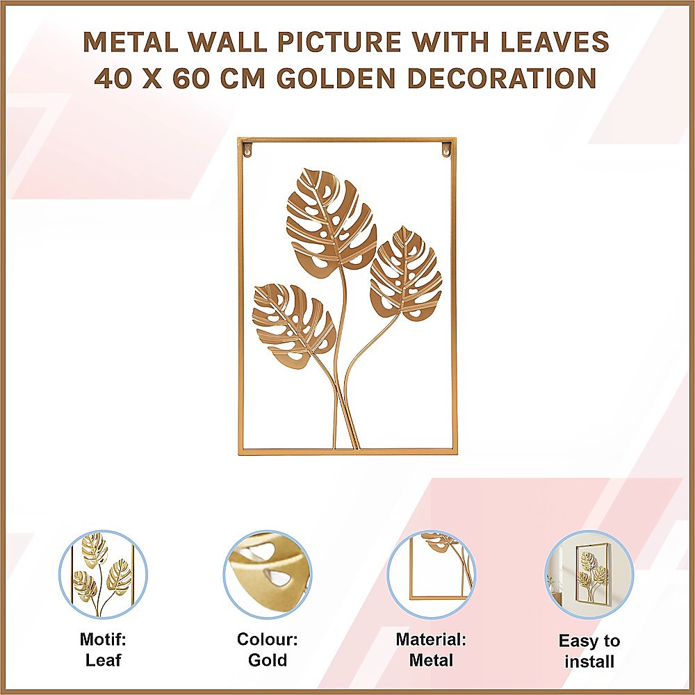 Metal Wall Picture with Leaves 40 x 60 cm Golden Decoration