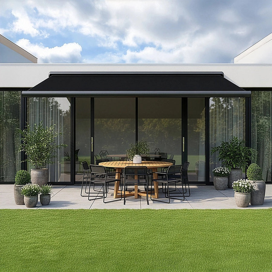 5.0m x 3.0m Retractable Folding Arm Awning Heavy Duty Full Cassette Motorised, Foldable