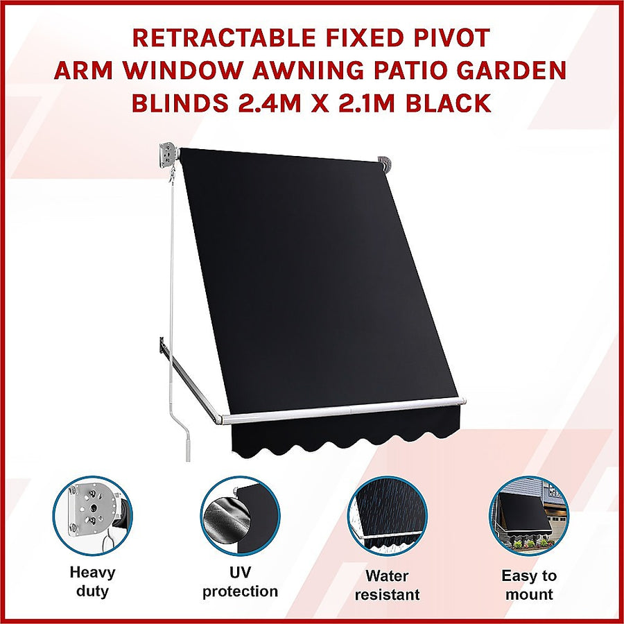 Retractable Fixed Pivot Arm Window Awning Patio Garden Blinds 2.4m x 2.1m Black