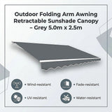Outdoor Folding Arm Awning Retractable Sunshade Canopy Grey 5.0m x 2.5m