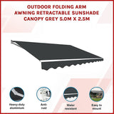 Outdoor Folding Arm Awning Retractable Sunshade Canopy Grey 5.0m x 2.5m - Side View