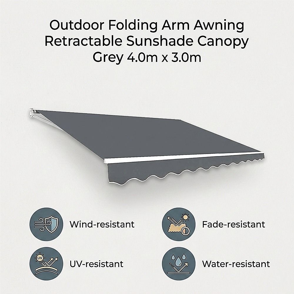 Outdoor Folding Arm Awning Retractable Sunshade Canopy Grey 4.0m x 3.0m