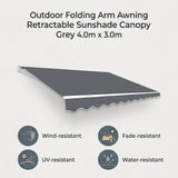 Outdoor Folding Arm Awning Retractable Sunshade Canopy Grey 4.0m x 3.0m - Side View