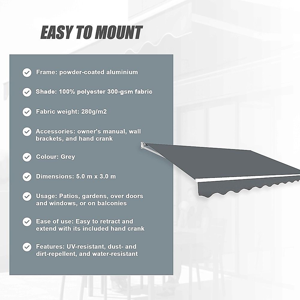 Outdoor Folding Arm Awning Retractable Sunshade Canopy Grey 5.0m x 3.0m