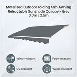 Motorised Outdoor Folding Arm Awning Retractable Sunshade Canopy Grey 3.0m x 2.5m - Side View