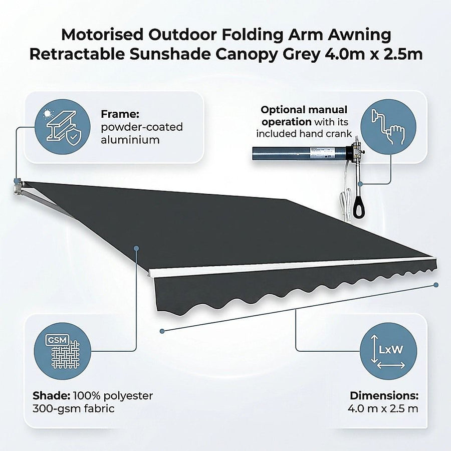 Motorised Outdoor Folding Arm Awning Retractable Sunshade Canopy Grey 4.0m x 2.5m, image 9