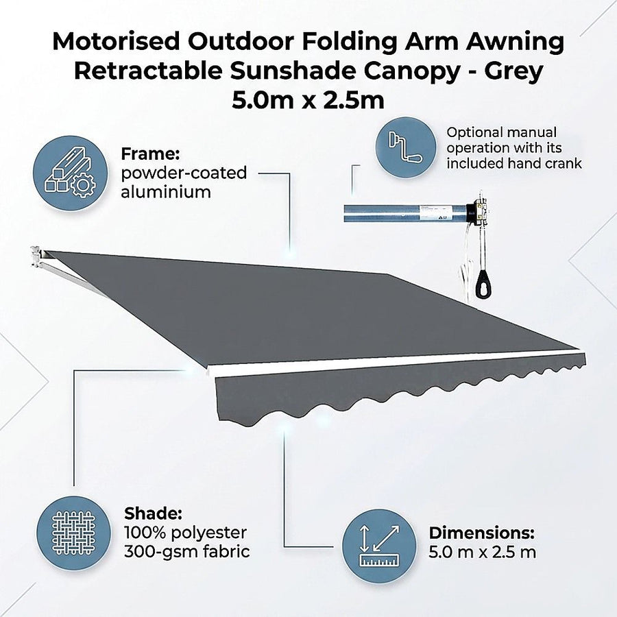 Motorised Outdoor Folding Arm Awning Retractable Sunshade Canopy Grey 5.0m x 2.5m, image 10
