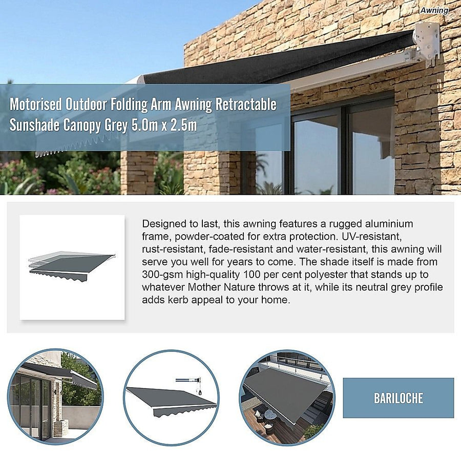 Motorised Outdoor Folding Arm Awning Retractable Sunshade Canopy Grey 5.0m x 2.5m, image 11