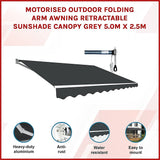 Motorised Outdoor Folding Arm Awning Retractable Sunshade Canopy Grey 5.0m x 2.5m - Side View