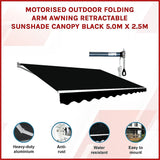 Motorised Outdoor Folding Arm Awning Retractable Sunshade Canopy Black 5.0m x 2.5m - Side View