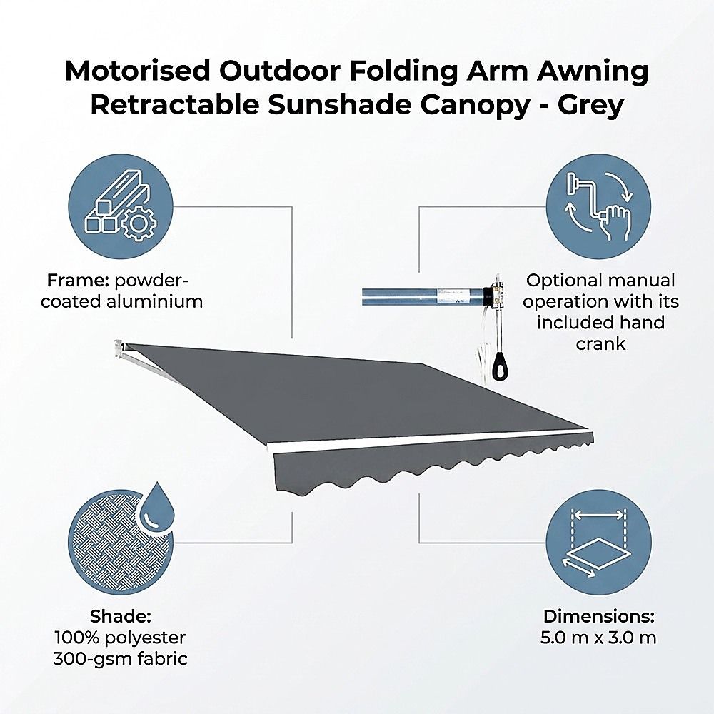 Motorised Outdoor Folding Arm Awning Retractable Sunshade Canopy Grey 5.0m x 3.0m