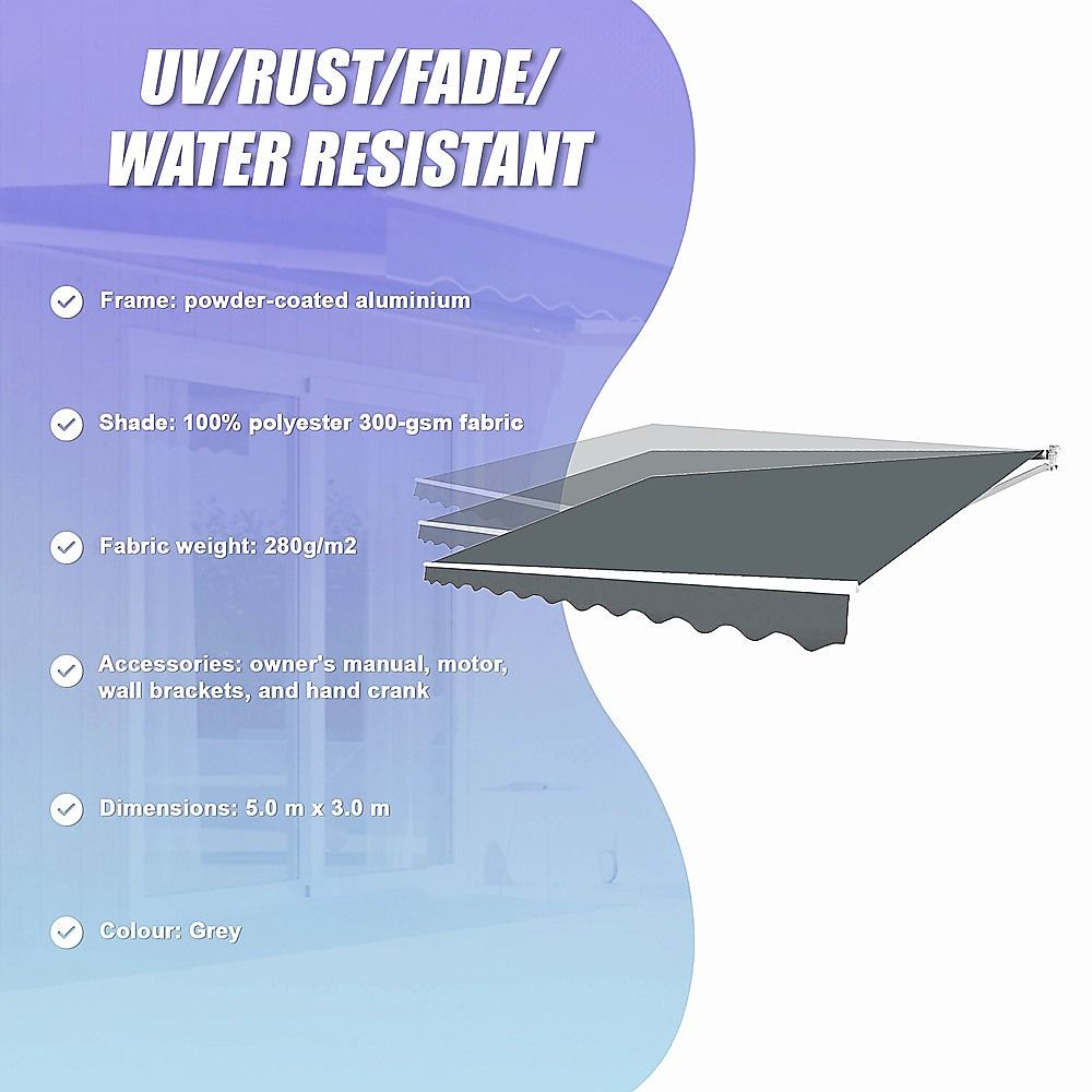 Motorised Outdoor Folding Arm Awning Retractable Sunshade Canopy Grey 5.0m x 3.0m