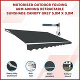 Motorised Outdoor Folding Arm Awning Retractable Sunshade Canopy Grey 5.0m x 3.0m - Side View