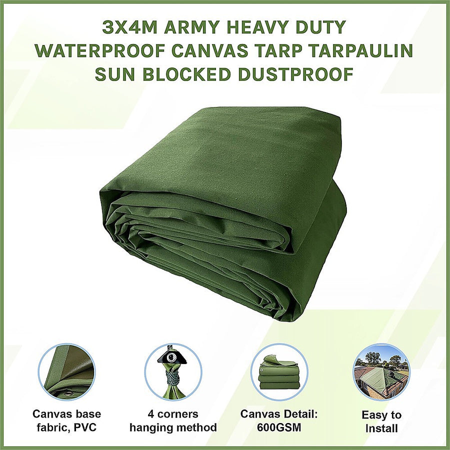 3x4M Army Heavy Duty Waterproof Canvas Tarp Tarpaulin Sun Blocked Dustproof, image 3