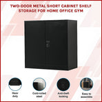 Black two-door steel storage cabinet with shelves, 90 x 45 x 90cm, three storage spaces with two shelves