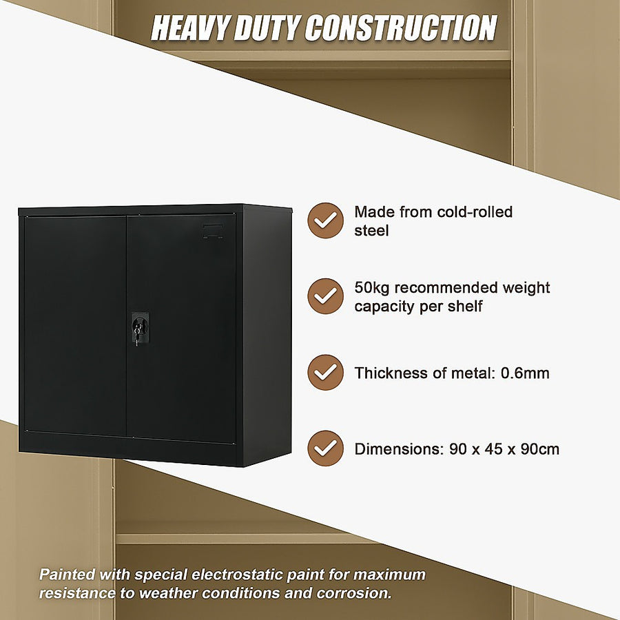 Black two-door steel storage cabinet with shelves, 90 x 45 x 90cm, image 10