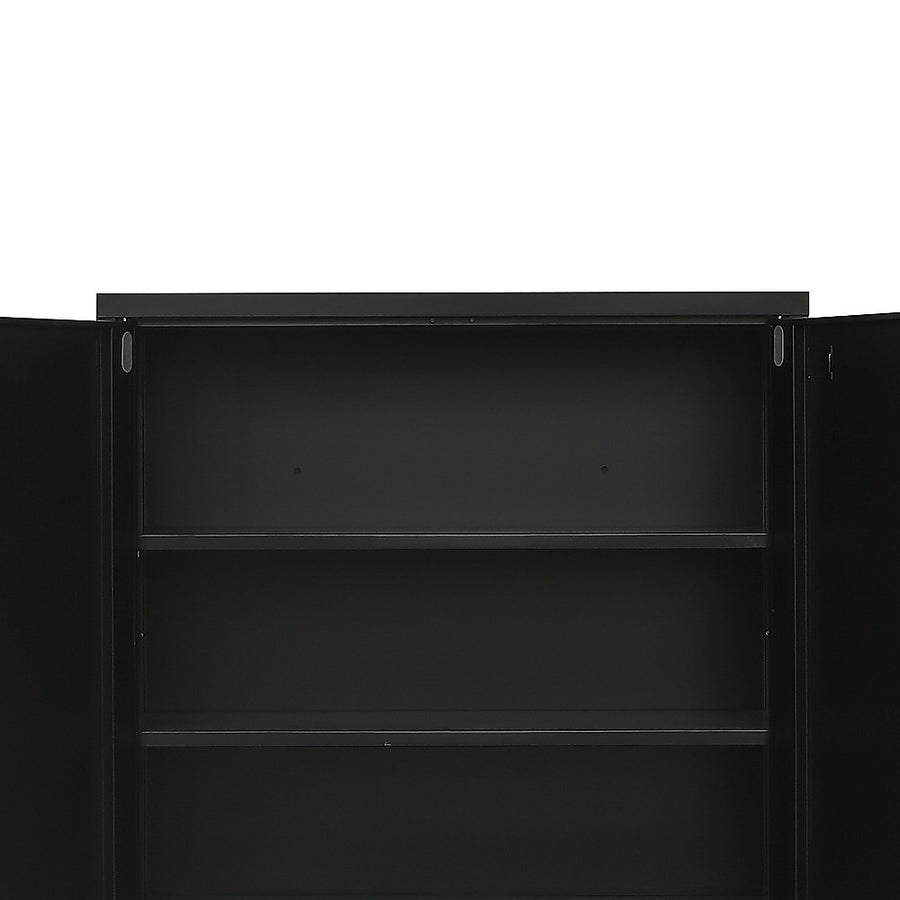 Black two-door steel storage cabinet with shelves, 90 x 45 x 90cm, cold-rolled steel with electrostatic paint
