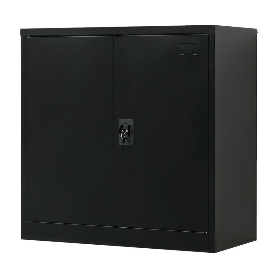 Black two-door steel storage cabinet with shelves, 90 x 45 x 90cm