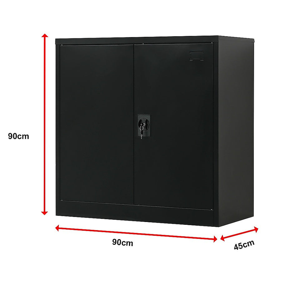 Black two-door steel storage cabinet with shelves, 90 x 45 x 90cm, image 11