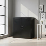 Black two-door steel storage cabinet with shelves, 90 x 45 x 90cm, locking option for security