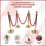 4 x Queue Barriers + 3 Ropes Exhibition Crowd Control Bollards - Front View
