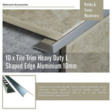 10 x Tile Trim Heavy Duty L Shaped Edge Aluminium 10mm - Low Angle