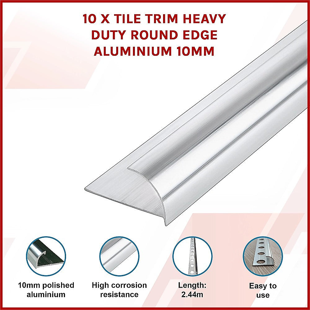 10 x Tile Trim Heavy Duty Round Edge Aluminium 10mm