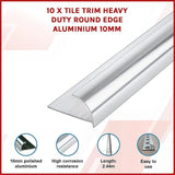 10 x Tile Trim Heavy Duty Round Edge Aluminium 10mm - Front View