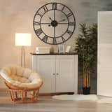 60cm Industrial Large Wall Clock, Round Metal Wall Clocks Roman Numerals Style - Front View