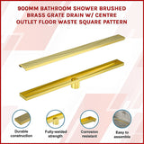 900mm Bathroom Shower Brushed Brass Grate Drain w/ Centre outlet Floor Waste Square Pattern - Side View