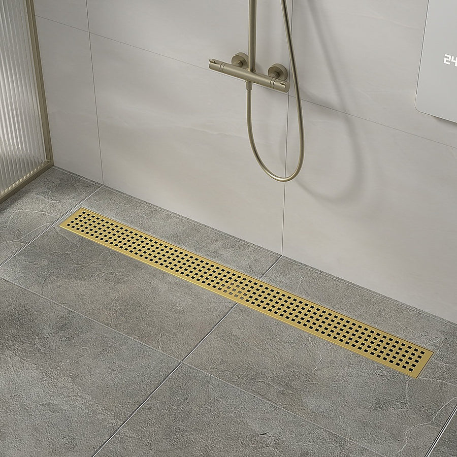 800mm Bathroom Shower Brushed Brass Grate Drain w/ Centre outlet Floor Waste, image 2
