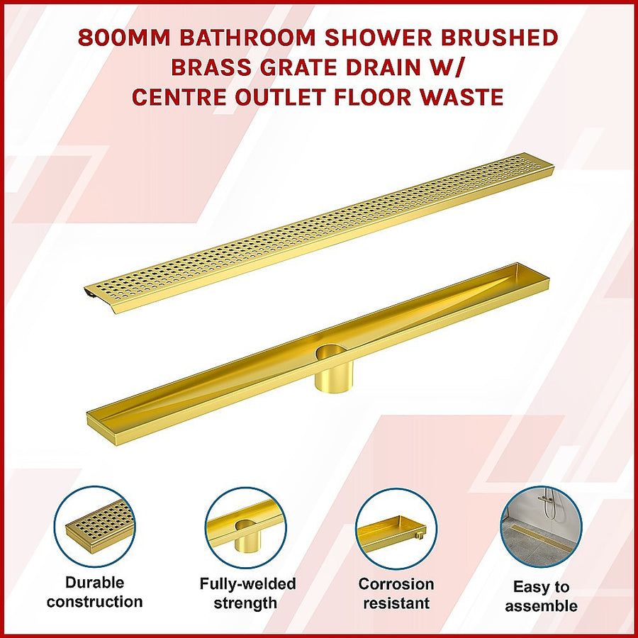 800mm Bathroom Shower Brushed Brass Grate Drain w/ Centre outlet Floor Waste, image 3