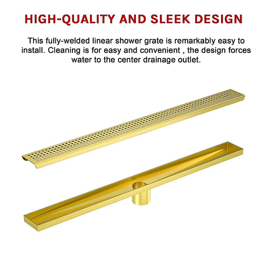 800mm Bathroom Shower Brushed Brass Grate Drain w/ Centre outlet Floor Waste, image 9