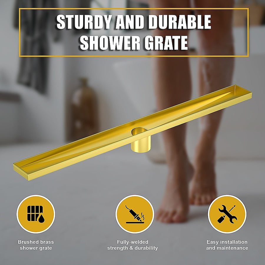 800mm Bathroom Shower Brushed Brass Grate Drain w/ Centre outlet Floor Waste, image 6