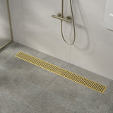 1200mm Bathroom Shower Brushed Brass Grate Drain w/ Centre outlet Floor Waste Square Pattern - Front View