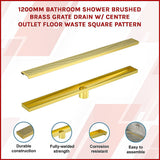 1200mm Bathroom Shower Brushed Brass Grate Drain w/ Centre outlet Floor Waste Square Pattern - Side View