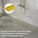 1000mm Tile Insert Bathroom Shower Brushed Brass Grate Drain w/Centre outlet Floor Waste - Low Angle