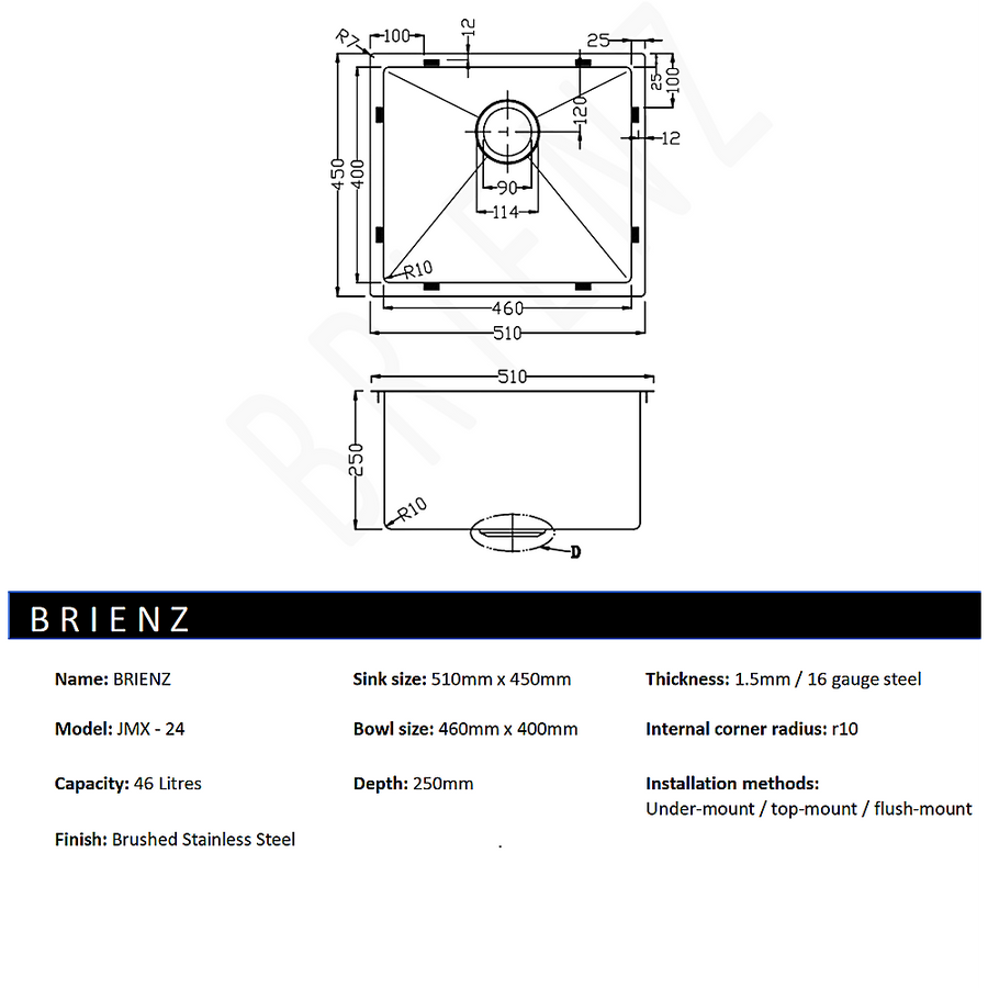 510x450mm Handmade Stainless Steel Undermount / Topmount Kitchen Laundry Sink with Waste