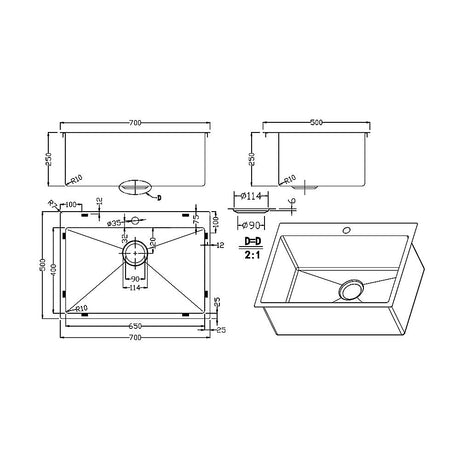 700x500mm Handmade Stainless Steel Undermount / Topmount Kitchen Laundry Sink with Waste, image 2