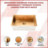 700x450mm Handmade Stainless Steel Undermount / Topmount Kitchen Laundry Sink with Waste - Side View