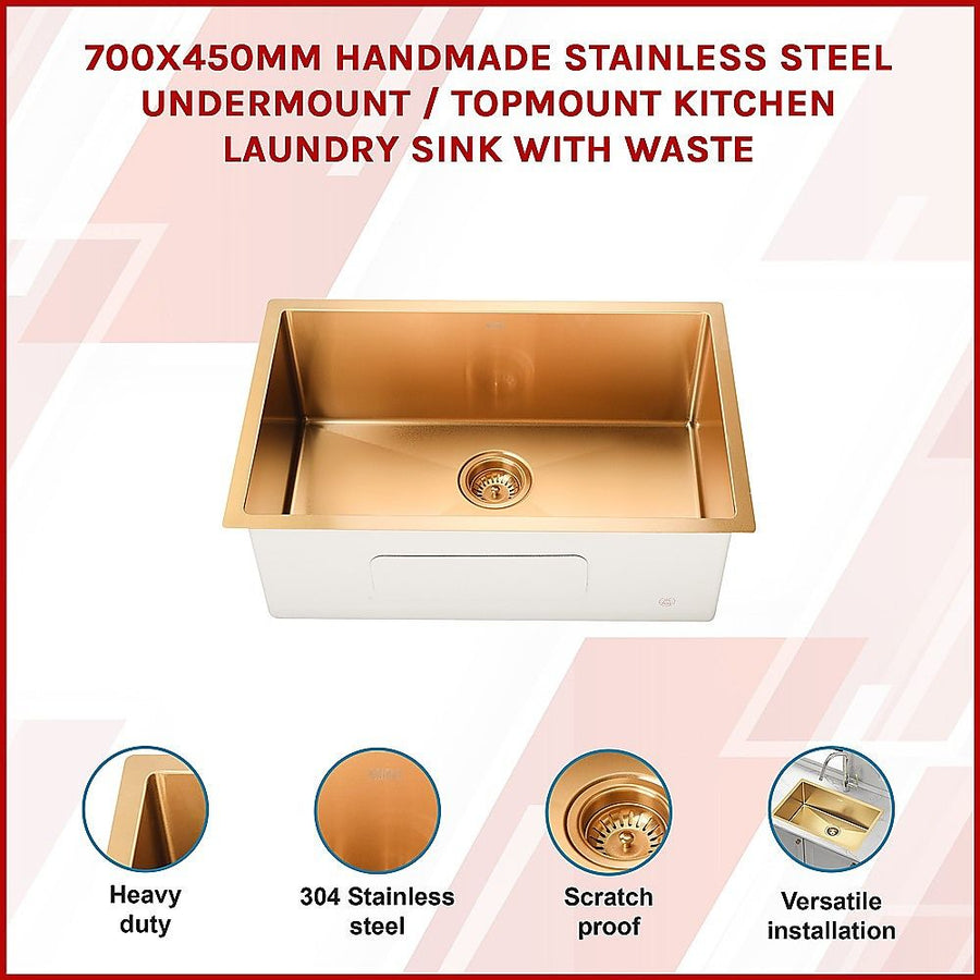 700x450mm Handmade Stainless Steel Undermount / Topmount Kitchen Laundry Sink with Waste
