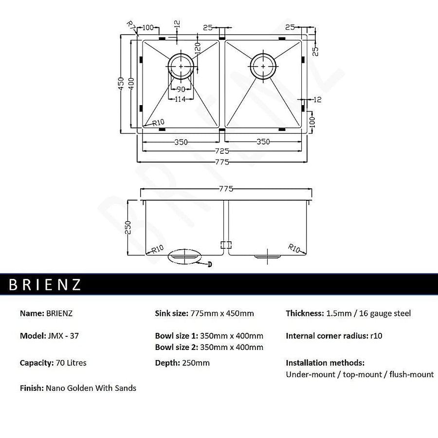 775x450mm Handmade Stainless Steel Undermount / Topmount Kitchen Laundry Sink with Waste