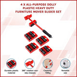 4 X All-purpose Dolly Plastic Heavy Duty Furniture Mover Slider Set - Side View