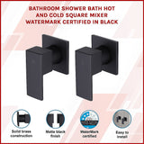 Bathroom Shower Bath Hot and Cold Square Mixer WATERMARK Certified in Black - Side View