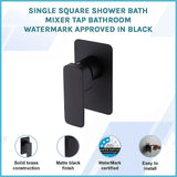 Single Square Shower Bath Mixer Tap Bathroom WATERMARK Approved in Black - Side View