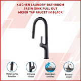 Kitchen Laundry Bathroom Basin Sink Pull Out Mixer Tap Faucet in Black - Side View