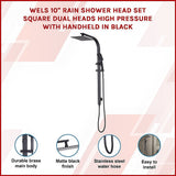 WELS 10 Rain Shower Head Set Square Dual Heads High Pressure with Handheld in Black