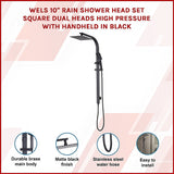 WELS 10 Rain Shower Head Set Square Dual Heads High Pressure with Handheld in Black - Side View