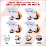 Leveling Casters Swivel Wheels Set of 4, 360 kg Total Load Capacity - Side View